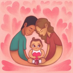 Happy Family with little Baby girl. Portrait Illustration. Gouache Digital Painting.
