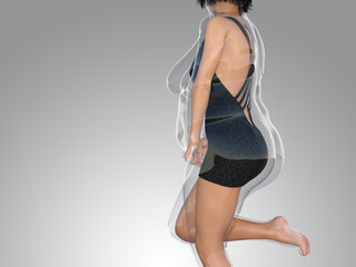 Conceptual fat overweight obese female vs slim fit healthy body after weight loss or diet with muscles thin young woman on gray. A fitness, nutrition or fatness obesity, health shape 3D illustration
