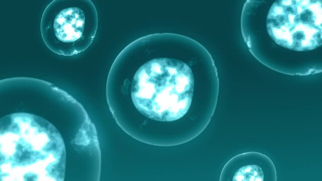 Floating multiple cells visualization. Laboratory research or experiment microscopic view on organic molecular structure. Medical technological biology footage. 4K Quality Close-up Animation concept