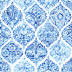 Ogee seamless pattern. White and blue watercolor illustration. Print for home textiles.