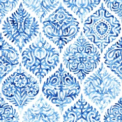 Kissenbezug Ogee seamless pattern. White and blue watercolor illustration. Print for home textiles. © flovie