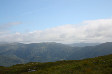 Naklejka premium Norwegian landscape with mountains near Bergen town