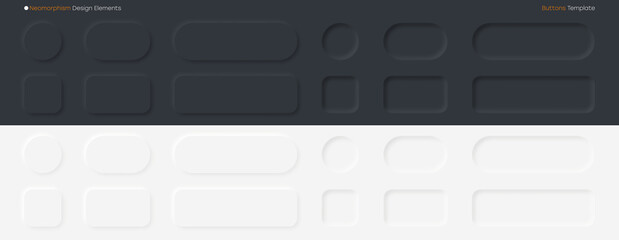 Neomorphic buttons set. Neomorphism design elements for websites, mobile application, social network and other UI. Collection of white and black buttons with shadow and light effects. Vector.