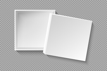 Realistic open box with cap. 3d cardboard mockup with shadow on transparent background. Empty carton paper square with lid cover. Open gift box or white blank package. Vector illustration.