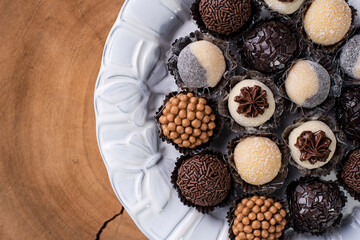 Brigadeiro. Typical Brazilian sweet. Many types of brigadiers together.Top View