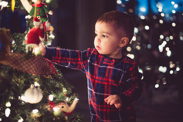toddler reaching into the Christmas tree baby boy by Christmas tree looking at the ornaments stock photo royalty free