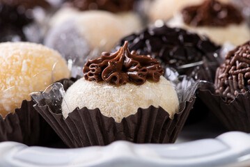Brigadeiro. Typical Brazilian sweet. Many types of brigadiers together