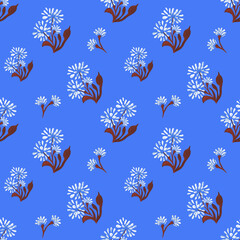 Fototapeta na wymiar Seamless pattern with daisy flowers. Gouache hand drawn illustration isolated on light blue background for web pages, wedding invitations, date cards, textiles, packaging, fabric, wallpaper.