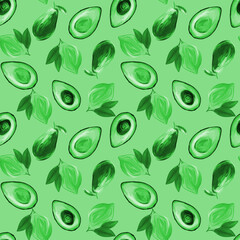 Bright vegetarian Fruit Painted Seamless Pattern hand-drawn in gouache avocado and lemon on light green background. Design for textiles, packaging, fabrics, menus, restaurants.