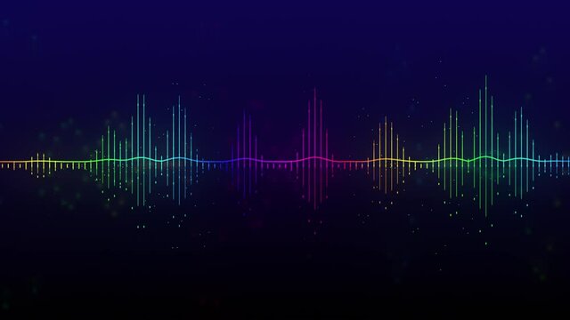 Bright glowing horizontal equalizer animation. Visualization of recording and playback of sound, voice, music. Audio waveform with flowing dotts. 4K clip in neon rainbow colors. Technological backdrop