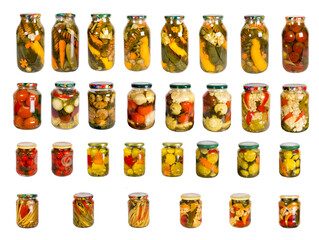 Collection set of many homemade glass bottles with preserved food close up isolated on white background