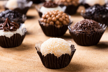 Brigadeiro. Typical Brazilian sweet. Many types of brigadiers together