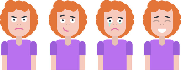 set of funny cartoon person with facial expressions of emotions curly red hair vector illustration flat cartoon design