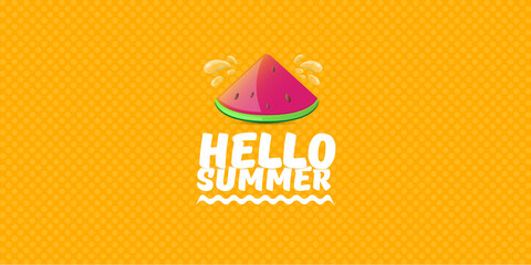 Vector Hello Summer Beach Party horizontal banner Design template with fresh watermelon slice isolated on orange background. Hello summer concept label or poster with fruit and typographic text.