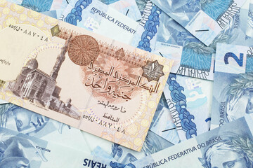 A close up image of an Egyptian one pound bank note with Brazilian two reais bank notes in macro