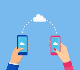 Data exchange between smartphones, devices in hands with cloud on the screen
