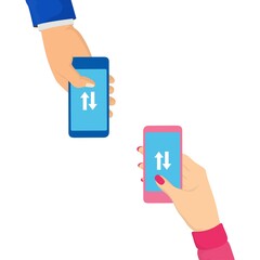 Data exchange concept, smartphone in hands, arrows in the screen