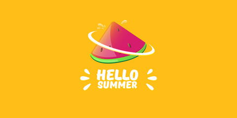 Vector Hello Summer Beach Party horizontal banner Design template with fresh watermelon slice isolated on orange background. Hello summer concept label or poster with fruit and typographic text.