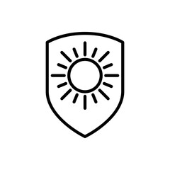 Concepto vacaciones de verano. Crema solar. Icono plano lineal escudo con sol en color negro