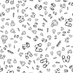 Seamless pattern of hand drawn camping doodles. Line icons