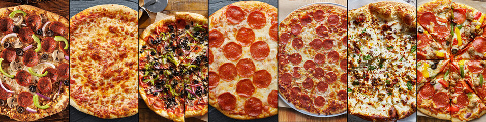 food collage of various types of pizza in flat lay composition - Powered by Adobe