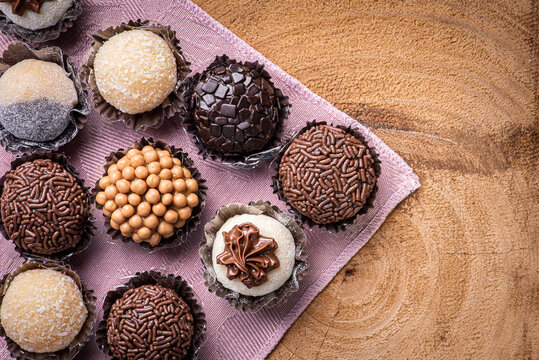 Brigadeiro. Typical Brazilian sweet. Many types of brigadiers together. Top view