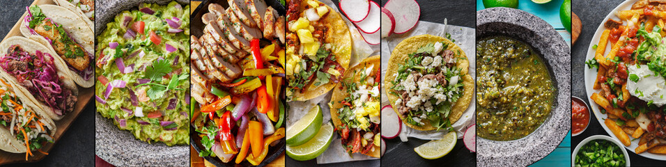 mexican food collage with tacos, carne asada fries and chicken fajitas in flat lay composition