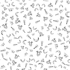 Fototapeta na wymiar Seamless pattern of hand drawn camping doodles. Line icons