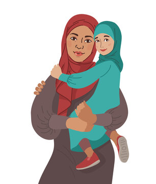 Family portrait. Middle Eastern Muslim People. Arab mother and little daughter. National Clothes. Vector Flat Illustration Simple Shapes