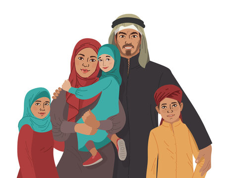 Family portrait. Middle Eastern Muslim People. Arab mother, father, son and little daughter. National Clothes. Vector Flat Illustration Simple Shapes