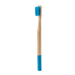 Toothbrush made of bamboo bristles in blue on a white background isolate. Concept Eco friendly, zero waste, recycling. Steps 2 out of 4