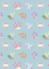 Seamless illustrated original pattern with sea creatures