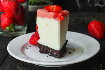cheesecake strawberrie, sweet mascarpone dessert cake with berries Menu concept healthy eating  food background top view copy space keto or paleo diet