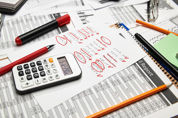 Top view of office employee's desk - work with financial reports, analysis and accounting, tables and graphs, various office items for bookkeeping