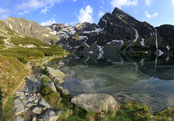Black Lake in Gasienicowa Valley just before sunset, Tatra Mountains, Poland