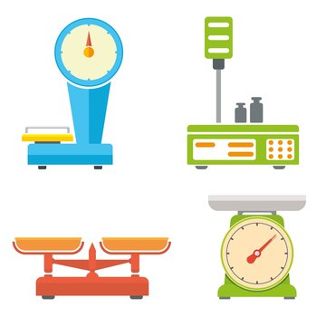 Flat style weighing scale set vector illustration.