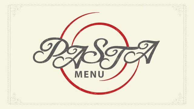 pasta menu idea with delicate elegant calligraphy over red spiral design over old fashioned background with victorian frame