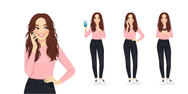 Young woman with long hair in casual style clothes with mobile phone isolated vector illustration