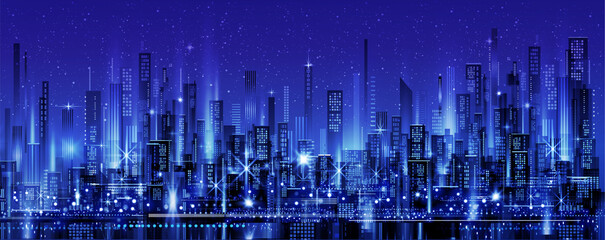 Night city skyline with neon glow. Illustration with architecture, skyscrapers, megapolis, buildings, downtown.