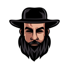 Bearded man wearing a hat cowboy cartoon mascot character. isolated hipster man with a cool expression