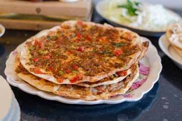 Traditional Turkish pizza (lahmacun) homemade in quarantine days