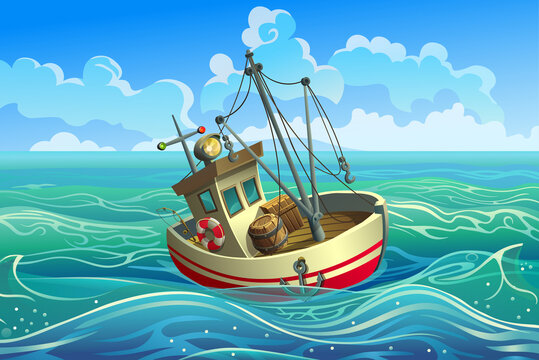 Vector ship. Trawler. Fishing boat with mast in the sea.