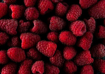 juicy raspberries on a black background, dry and with water drops