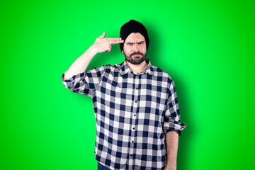 Portrait of a puzzled bearded man holding hands on his head isolated over chroma background