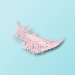 Obraz premium Vector 3d Realistic Falling Pink Fluffy Twirled Flamingo Feather Icon Closeup Isolated on Blue Background. Design Template, Clipart of Angel or Bird Detailed Feather