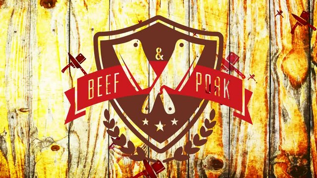 cattle and pork murder shop advertising with medieval style emblem with huge cutlery junction on wooden background