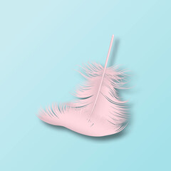 Vector 3d Realistic Falling Pink Fluffy Twirled Flamingo Feather Icon Closeup Isolated on Blue Background. Design Template, Clipart of Angel or Bird Detailed Feather
