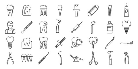 Tooth restoration clinic icons set. Outline set of tooth restoration clinic vector icons for web design isolated on white background