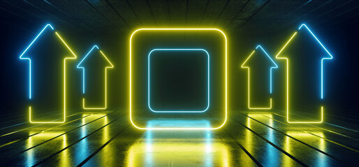 Sci Fi Neon Laser Glowing  pointer Arrows And Rectangle Yellow GReen Blue  Lights In Dark Garage Underground Concrete Metal Futuristic Alien Spaceship Modern Cyber Virtual Background 3D Rendering