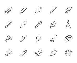 Drawing tools line icons set. Pen, pencil, paintbrush, dropper, stamp, smudge, paint bucket minimal vector illustrations. Simple outline signs for web interface. Pixel Perfect. Editable Stroke